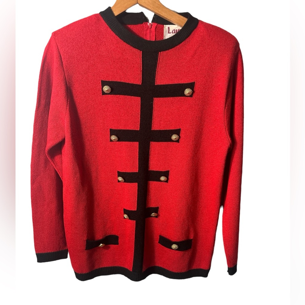 VTG Laura By Alyzia Red/Black knit sweater gold buttons, shoulder pads 80s